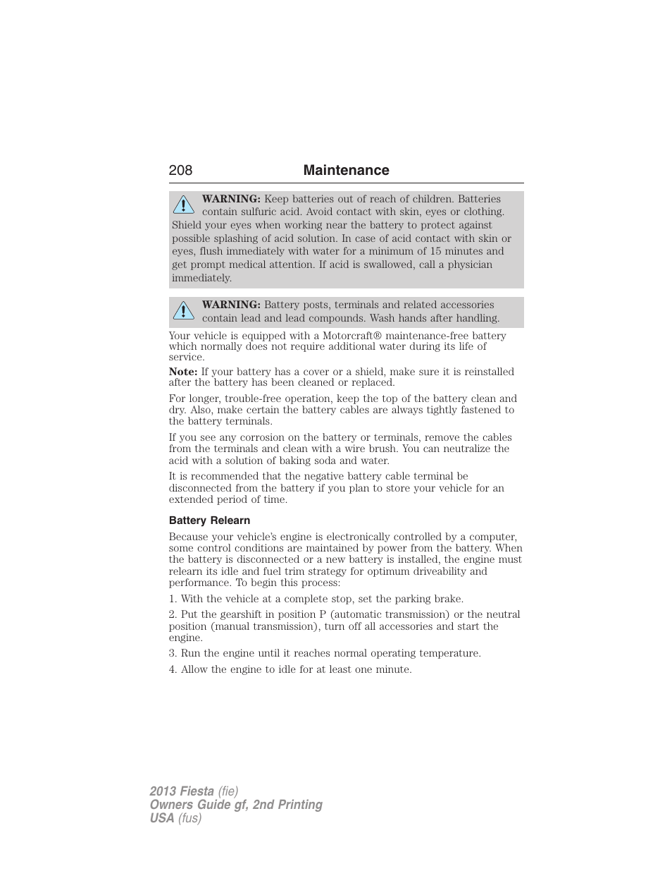 Battery relearn, 208 maintenance | FORD 2013 Fiesta v.2 User Manual | Page 209 / 346