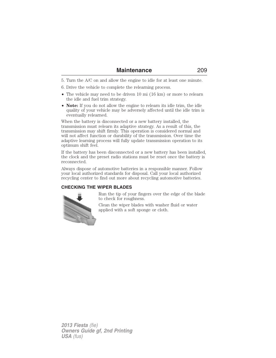 Checking the wiper blades, Maintenance 209 | FORD 2013 Fiesta v.2 User Manual | Page 210 / 346