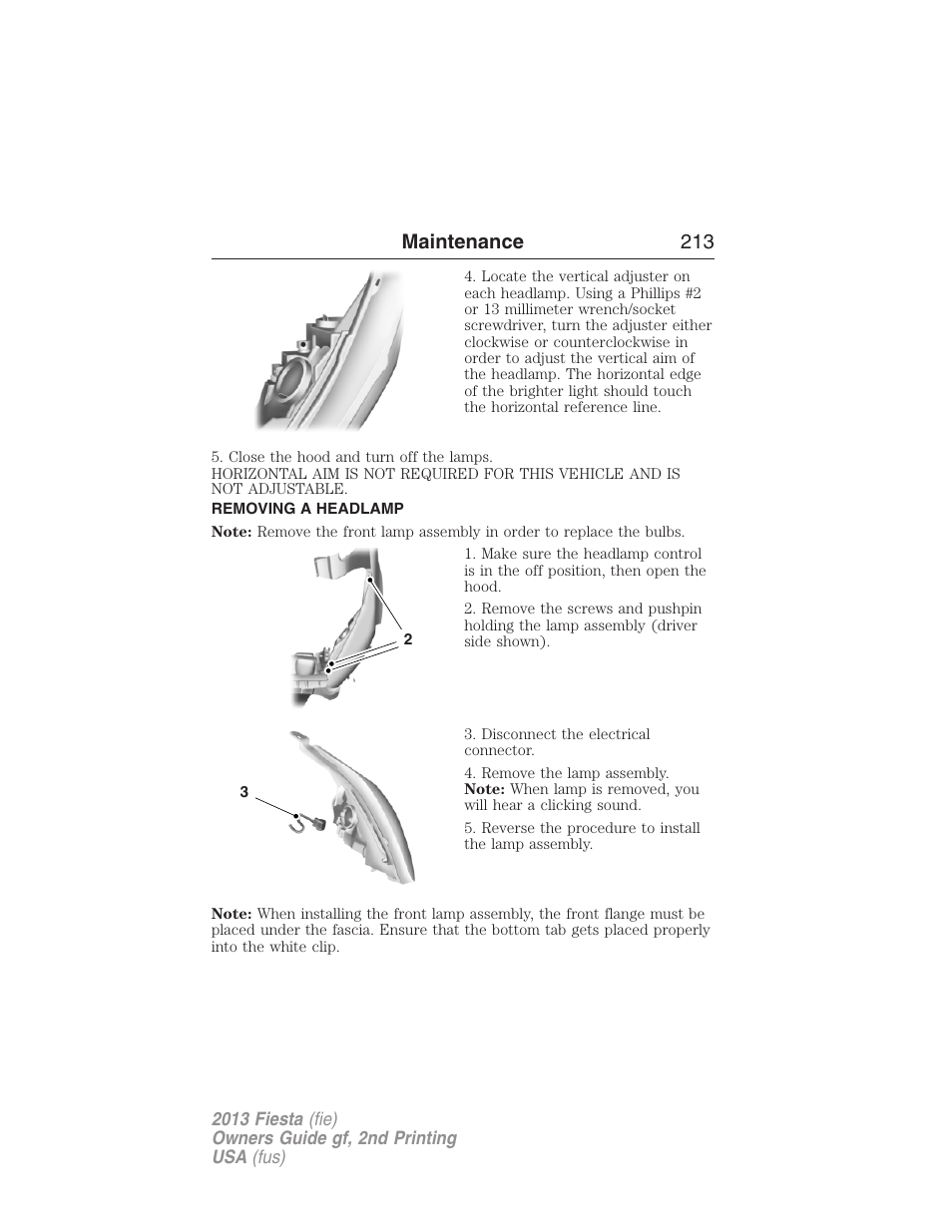 Removing a headlamp, Maintenance 213 | FORD 2013 Fiesta v.2 User Manual | Page 214 / 346