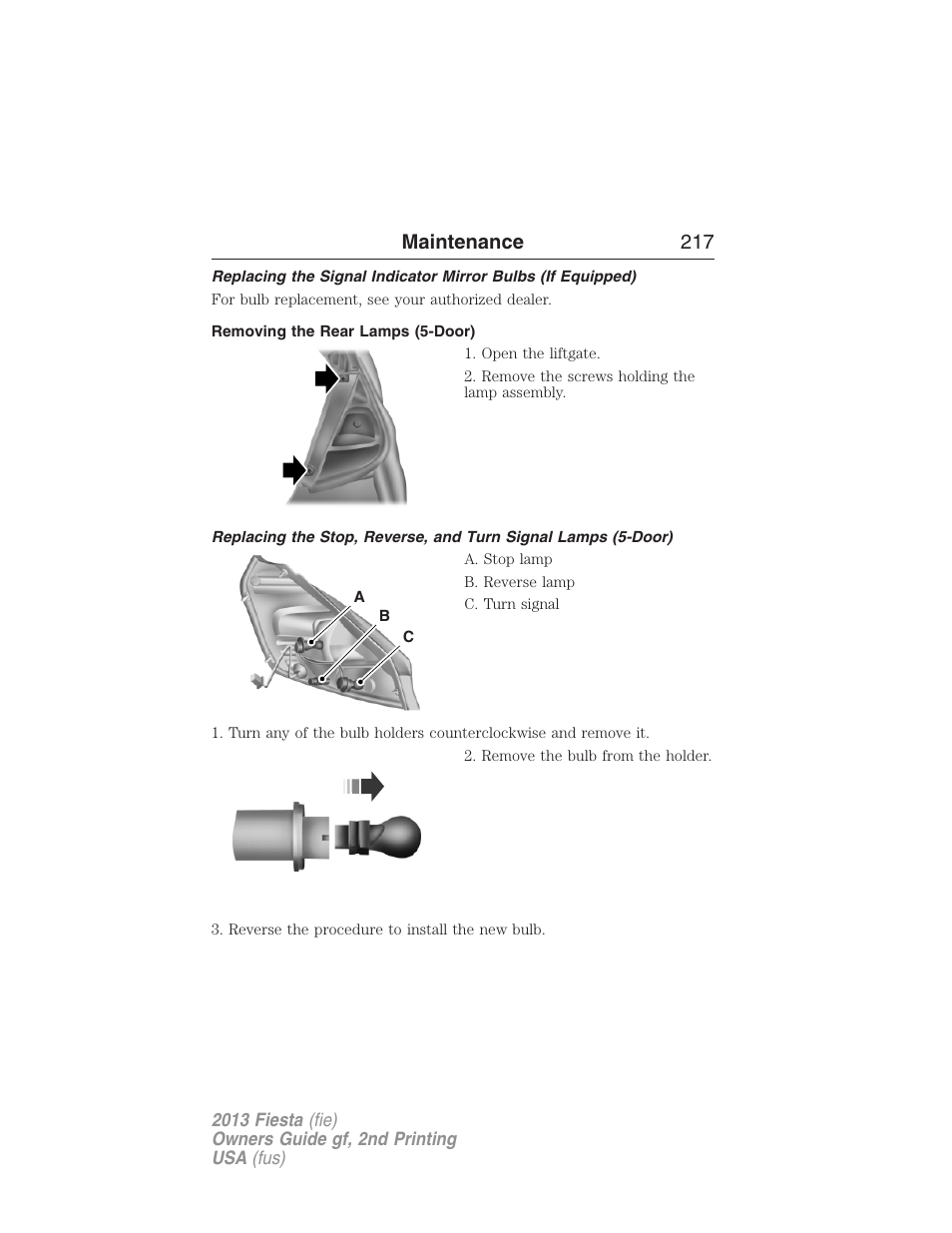 Removing the rear lamps (5-door), Maintenance 217 | FORD 2013 Fiesta v.2 User Manual | Page 218 / 346