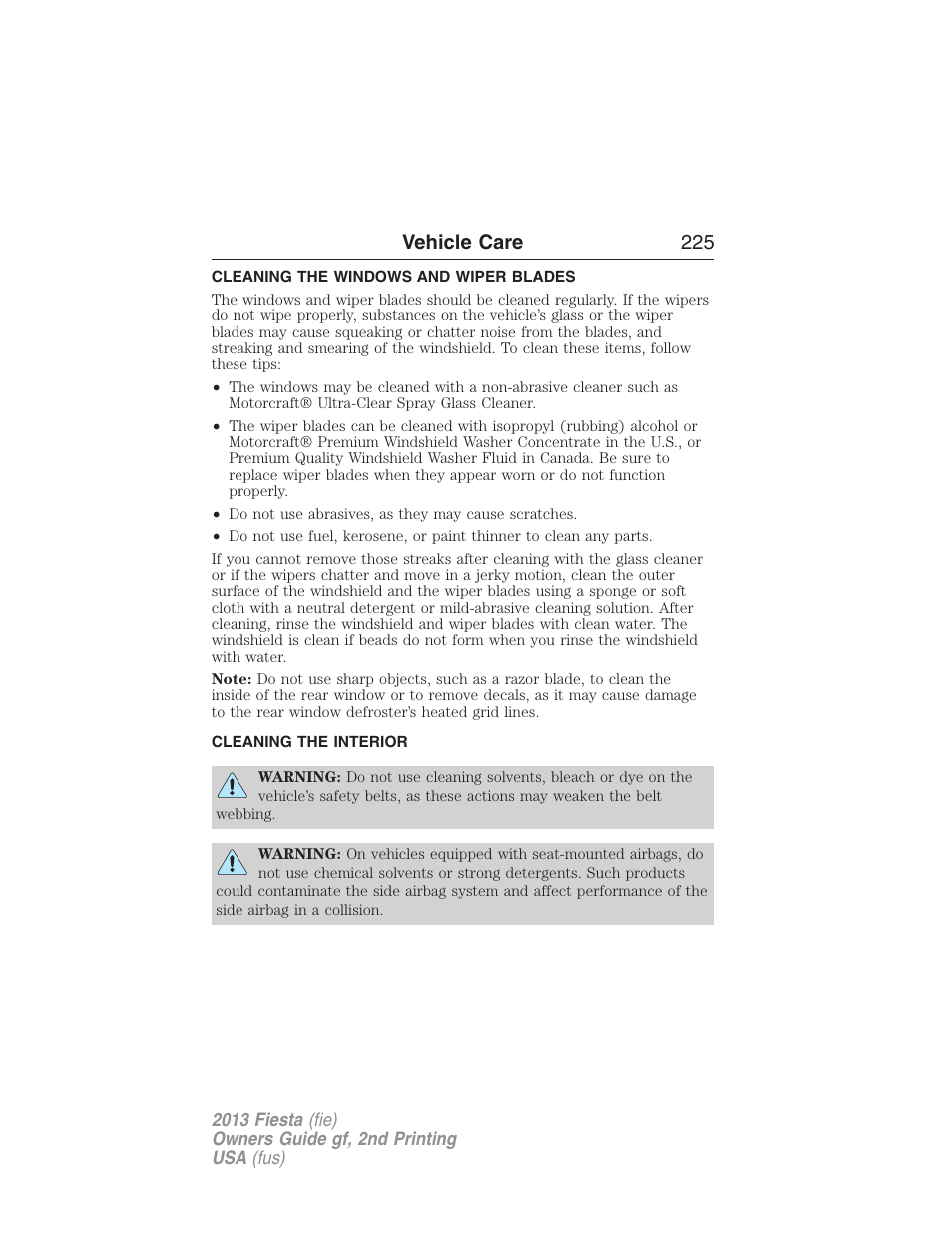 Cleaning the windows and wiper blades, Cleaning the interior, Vehicle care 225 | FORD 2013 Fiesta v.2 User Manual | Page 226 / 346