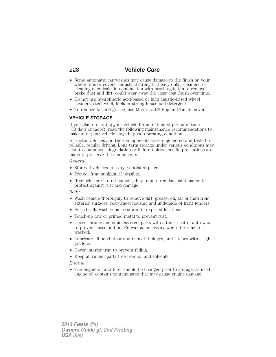 Vehicle storage, 228 vehicle care | FORD 2013 Fiesta v.2 User Manual | Page 229 / 346