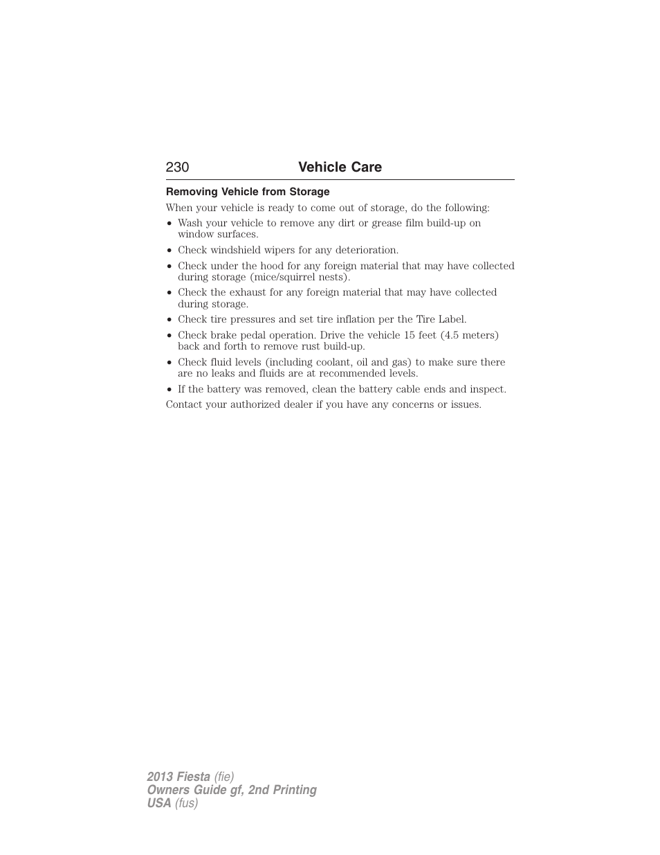 Removing vehicle from storage, 230 vehicle care | FORD 2013 Fiesta v.2 User Manual | Page 231 / 346