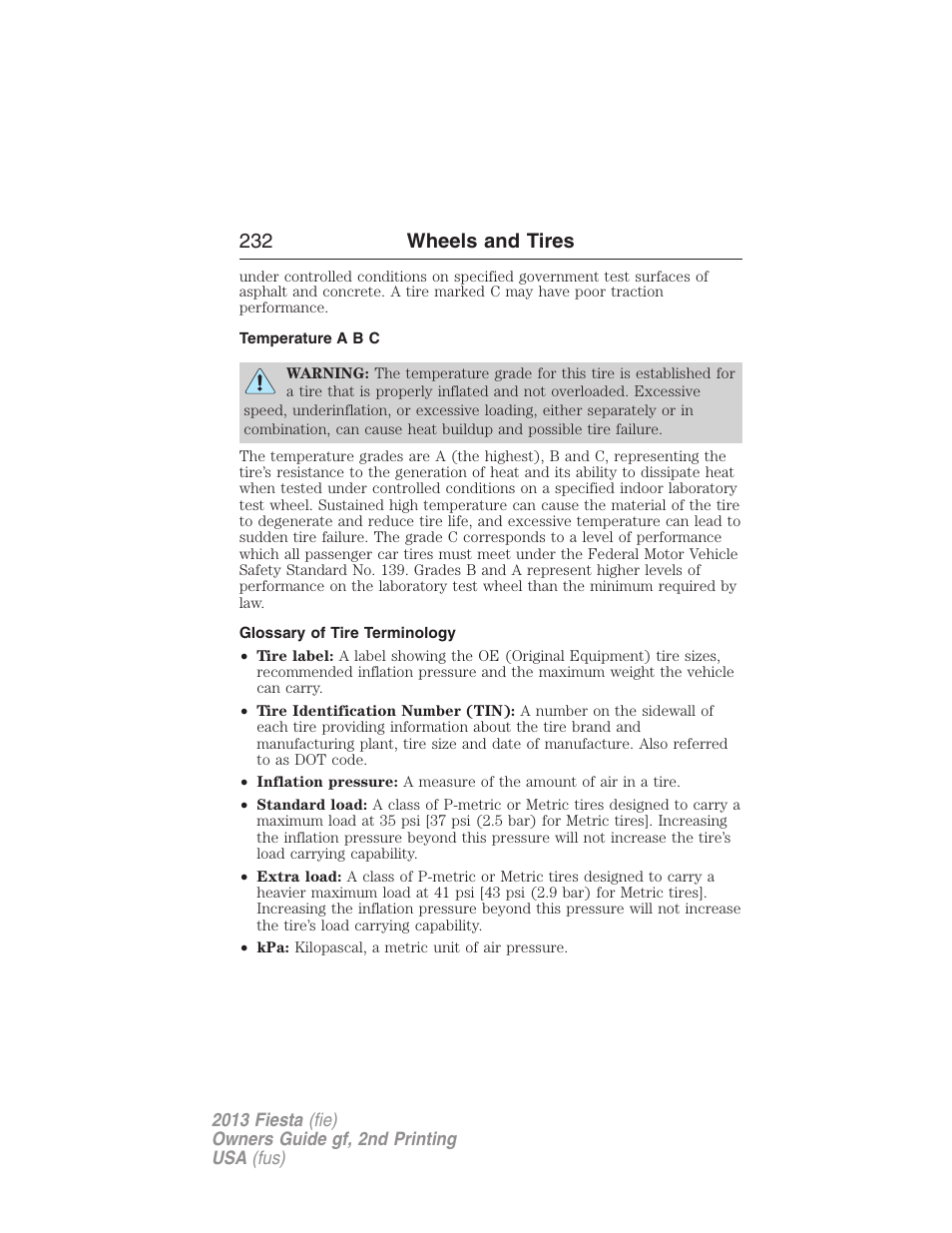 Temperature a b c, Glossary of tire terminology, 232 wheels and tires | FORD 2013 Fiesta v.2 User Manual | Page 233 / 346