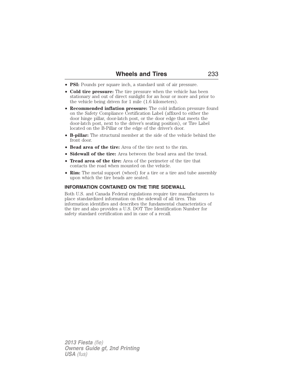 Information contained on the tire sidewall, Wheels and tires 233 | FORD 2013 Fiesta v.2 User Manual | Page 234 / 346