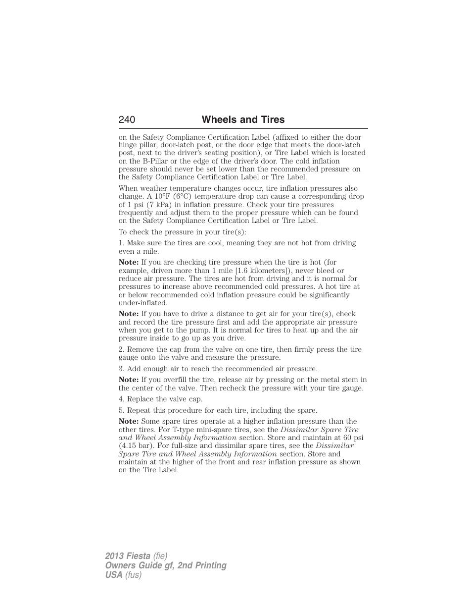 240 wheels and tires | FORD 2013 Fiesta v.2 User Manual | Page 241 / 346