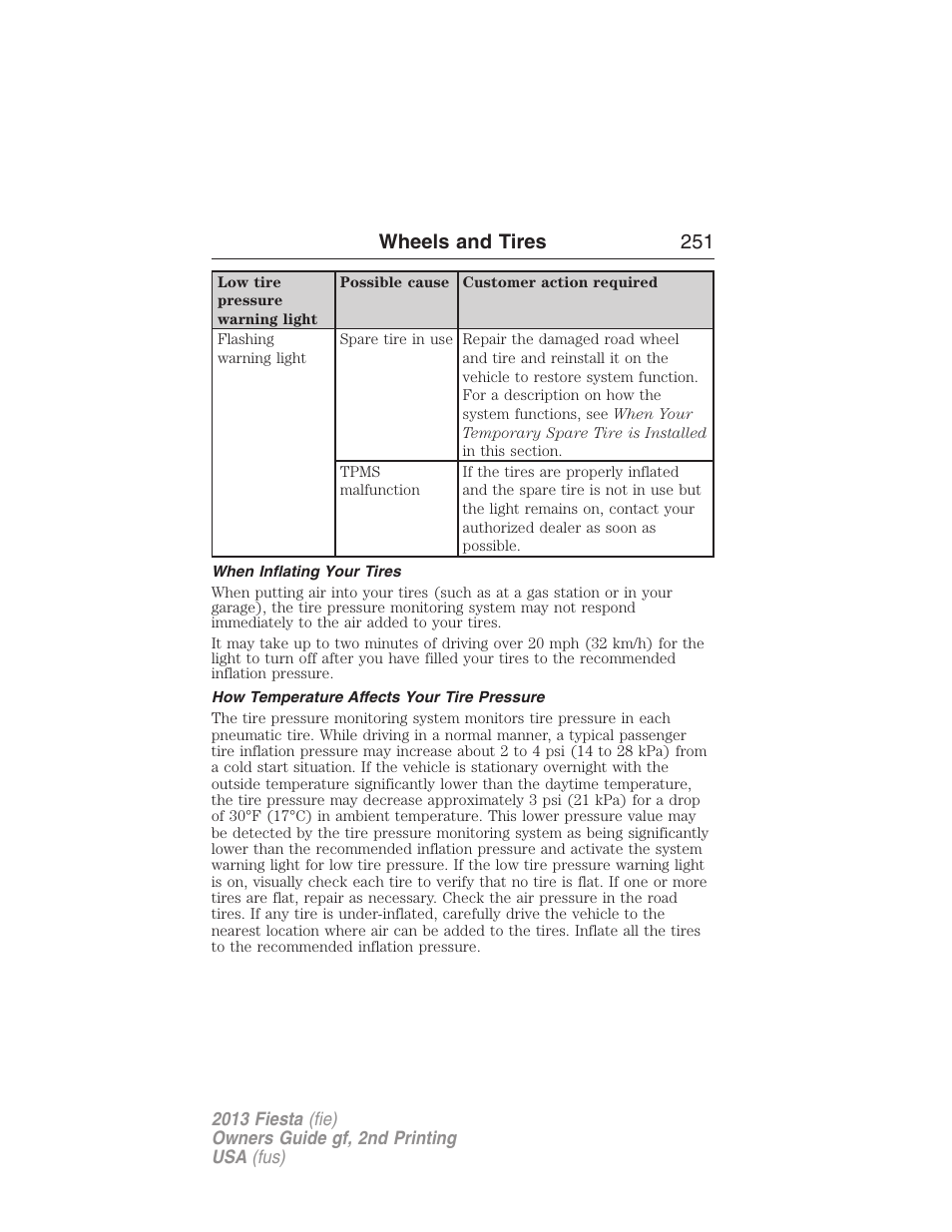 When inflating your tires, How temperature affects your tire pressure, Wheels and tires 251 | FORD 2013 Fiesta v.2 User Manual | Page 252 / 346