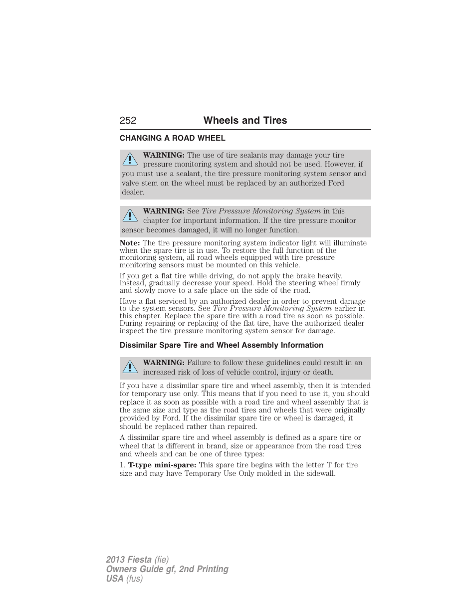 Changing a road wheel, 252 wheels and tires | FORD 2013 Fiesta v.2 User Manual | Page 253 / 346