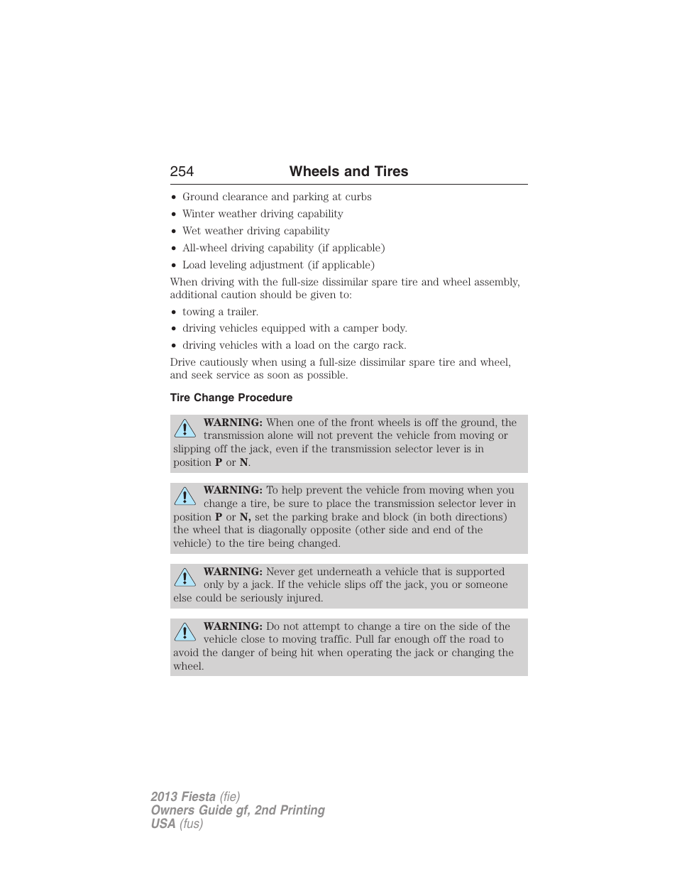 Tire change procedure, 254 wheels and tires | FORD 2013 Fiesta v.2 User Manual | Page 255 / 346