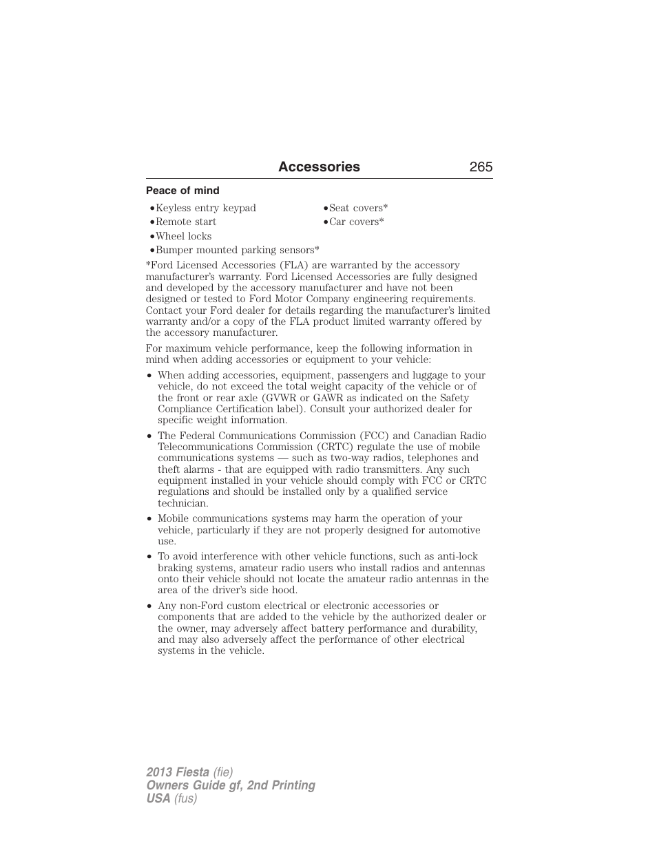 Peace of mind, Accessories 265 | FORD 2013 Fiesta v.2 User Manual | Page 266 / 346