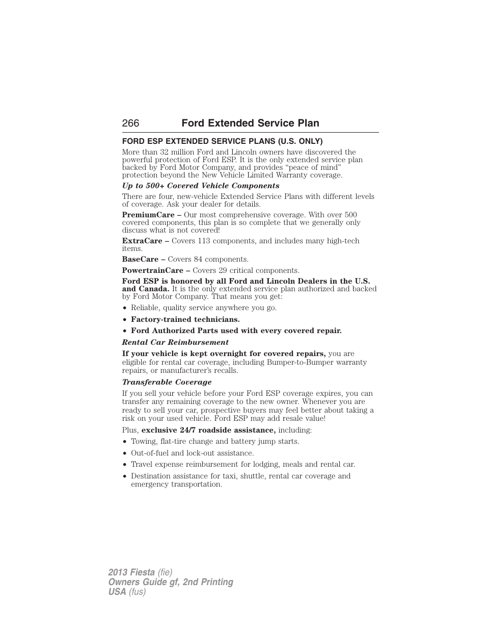 Ford extended service plan, Ford esp extended service plans (u.s. only), 266 ford extended service plan | FORD 2013 Fiesta v.2 User Manual | Page 267 / 346