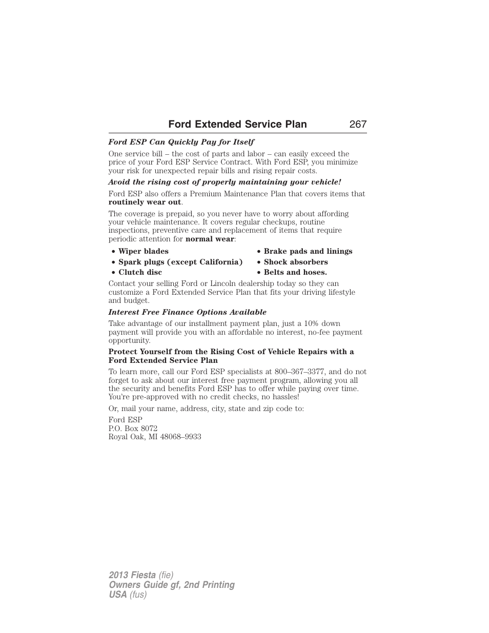 Ford extended service plan 267 | FORD 2013 Fiesta v.2 User Manual | Page 268 / 346