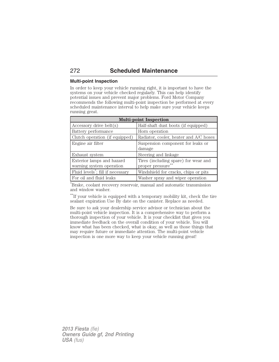 Multi-point inspection, 272 scheduled maintenance | FORD 2013 Fiesta v.2 User Manual | Page 273 / 346