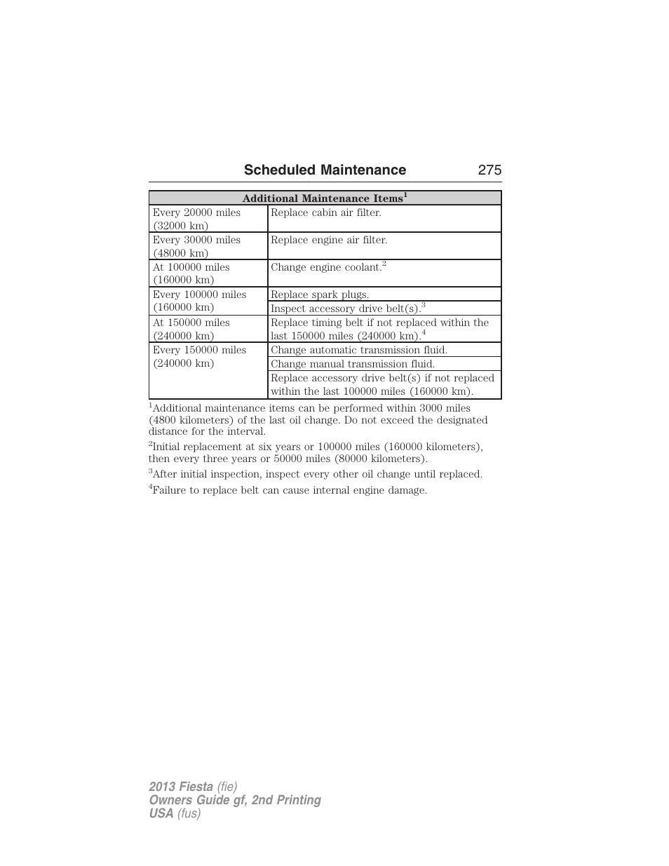 Scheduled maintenance 275 | FORD 2013 Fiesta v.2 User Manual | Page 276 / 346