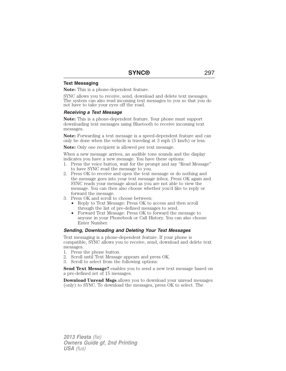 Text messaging, Receiving a text message, Sync® 297 | FORD 2013 Fiesta v.2 User Manual | Page 298 / 346