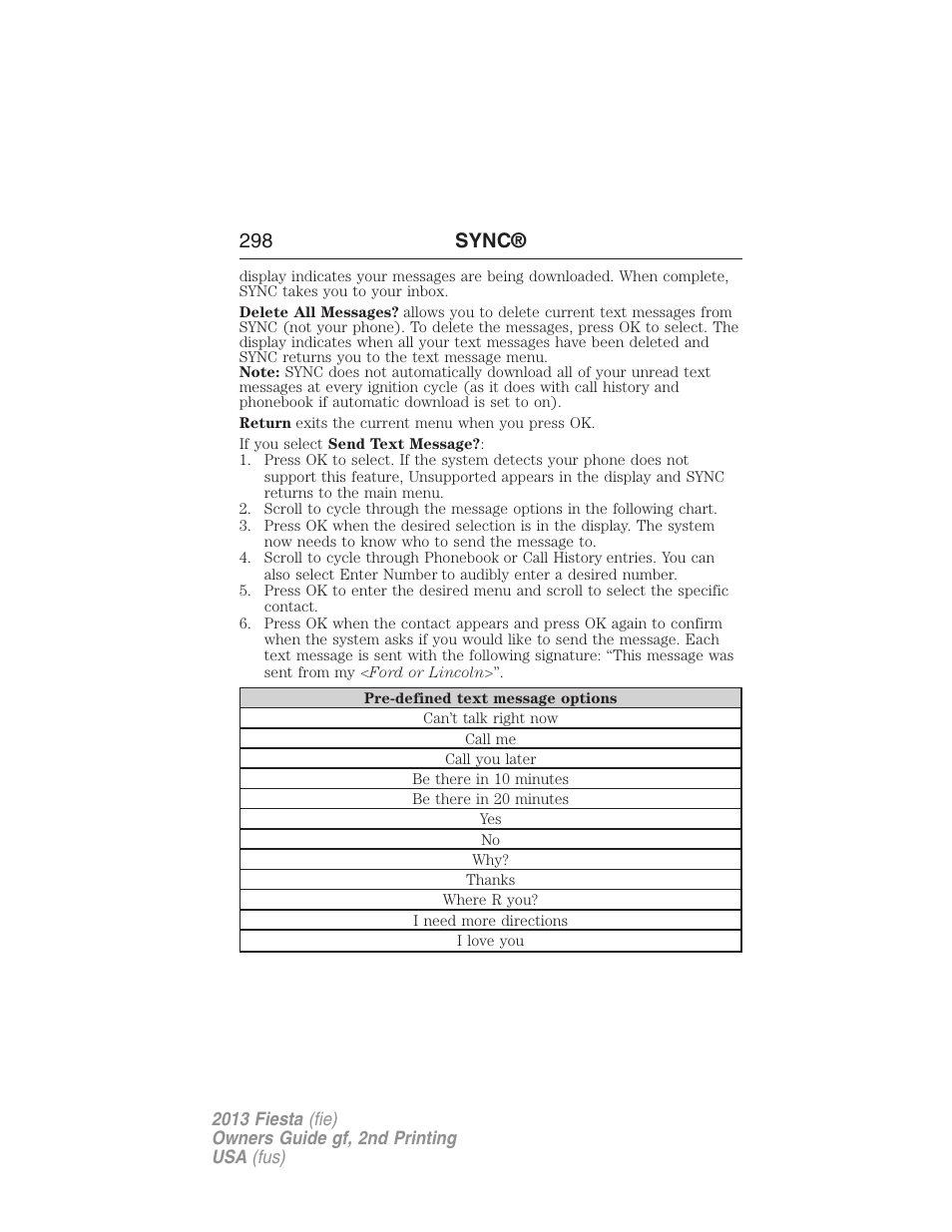 298 sync | FORD 2013 Fiesta v.2 User Manual | Page 299 / 346