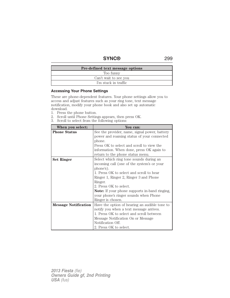 Accessing your phone settings, Sync® 299 | FORD 2013 Fiesta v.2 User Manual | Page 300 / 346
