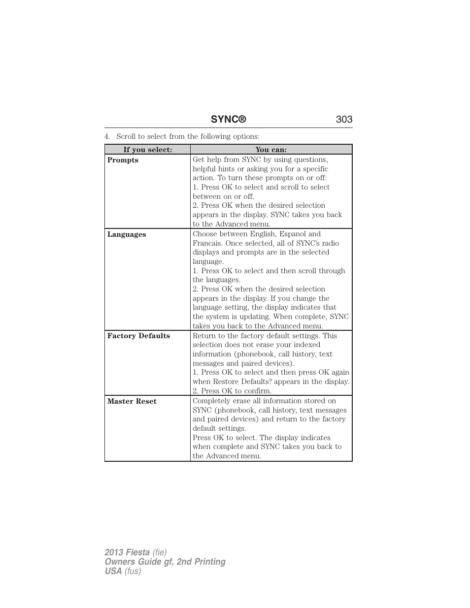 Sync® 303 | FORD 2013 Fiesta v.2 User Manual | Page 304 / 346