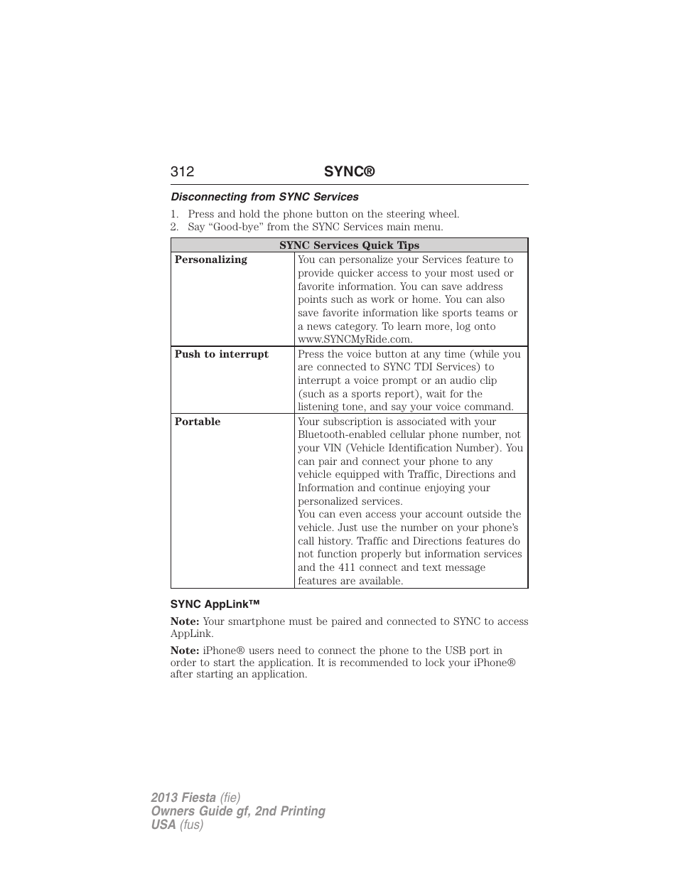 Disconnecting from sync services, Sync applink, 312 sync | FORD 2013 Fiesta v.2 User Manual | Page 313 / 346