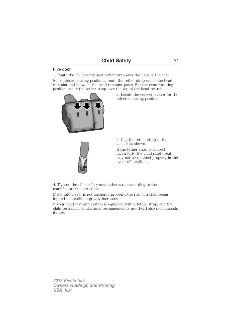 Five door, Child safety 31 | FORD 2013 Fiesta v.2 User Manual | Page 32 / 346