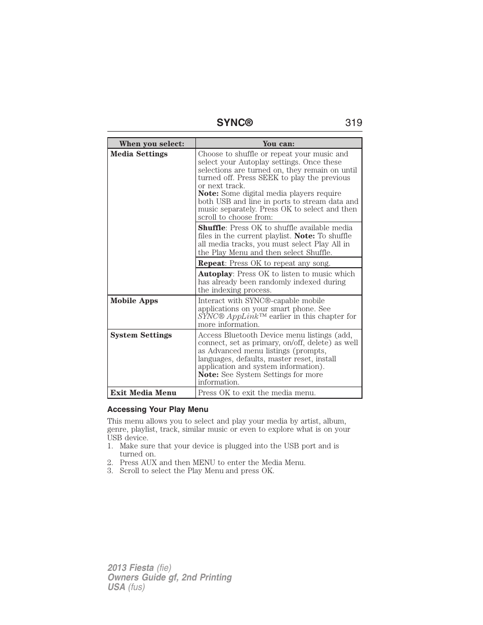 Accessing your play menu, Sync® 319 | FORD 2013 Fiesta v.2 User Manual | Page 320 / 346