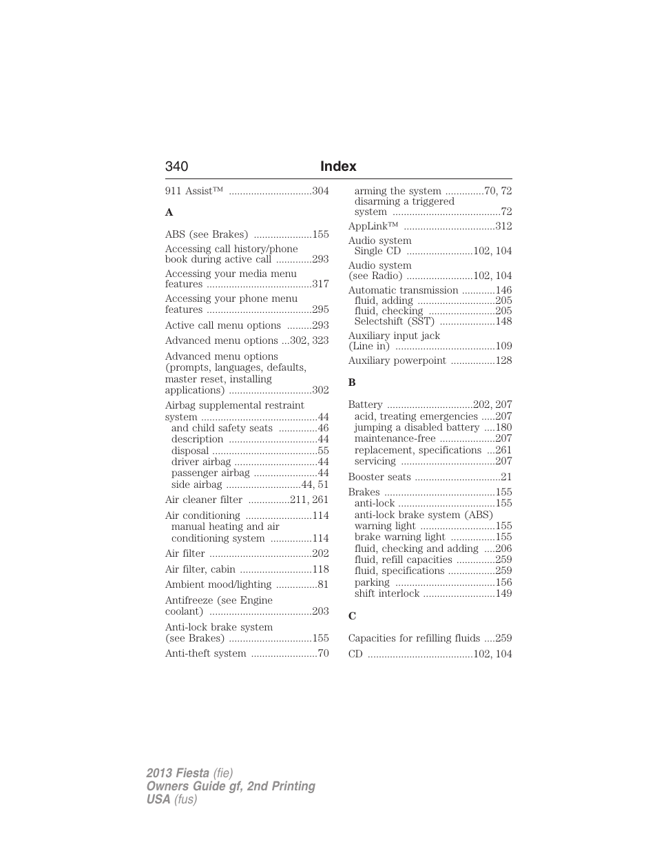 Index, 340 index | FORD 2013 Fiesta v.2 User Manual | Page 341 / 346