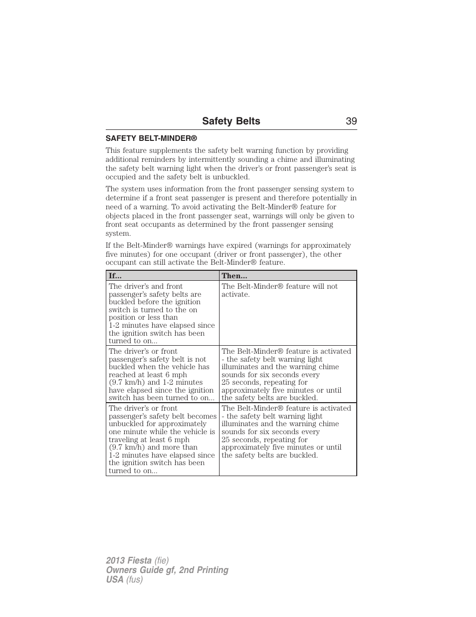 Safety belt-minder, Safety belts 39 | FORD 2013 Fiesta v.2 User Manual | Page 40 / 346
