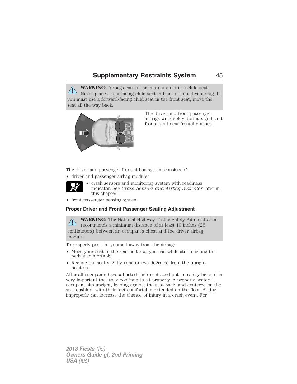 Supplementary restraints system 45 | FORD 2013 Fiesta v.2 User Manual | Page 46 / 346