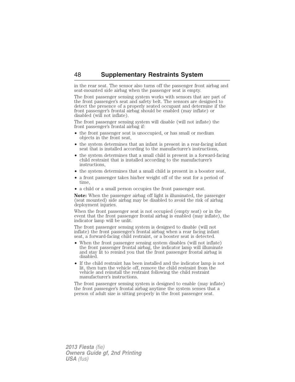 48 supplementary restraints system | FORD 2013 Fiesta v.2 User Manual | Page 49 / 346
