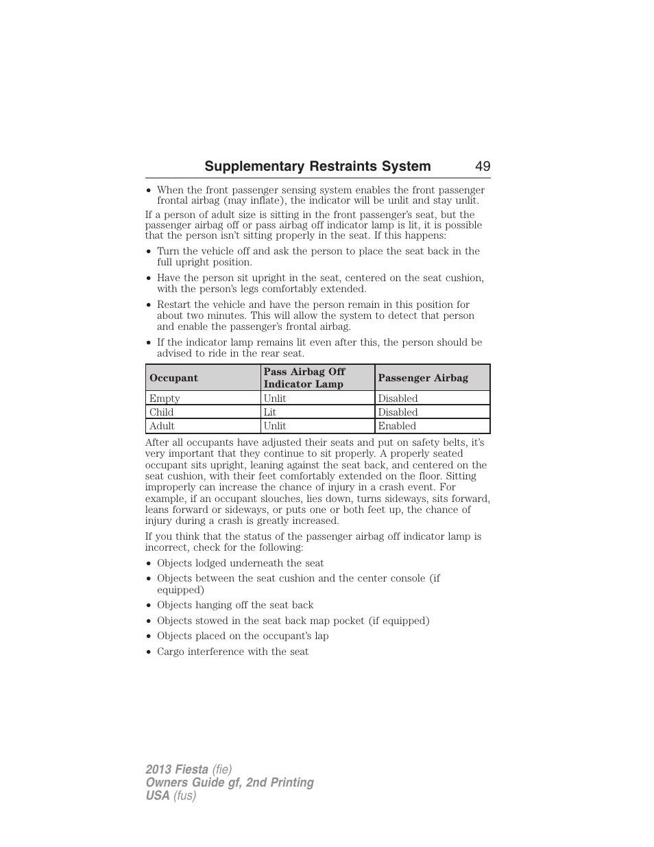Supplementary restraints system 49 | FORD 2013 Fiesta v.2 User Manual | Page 50 / 346