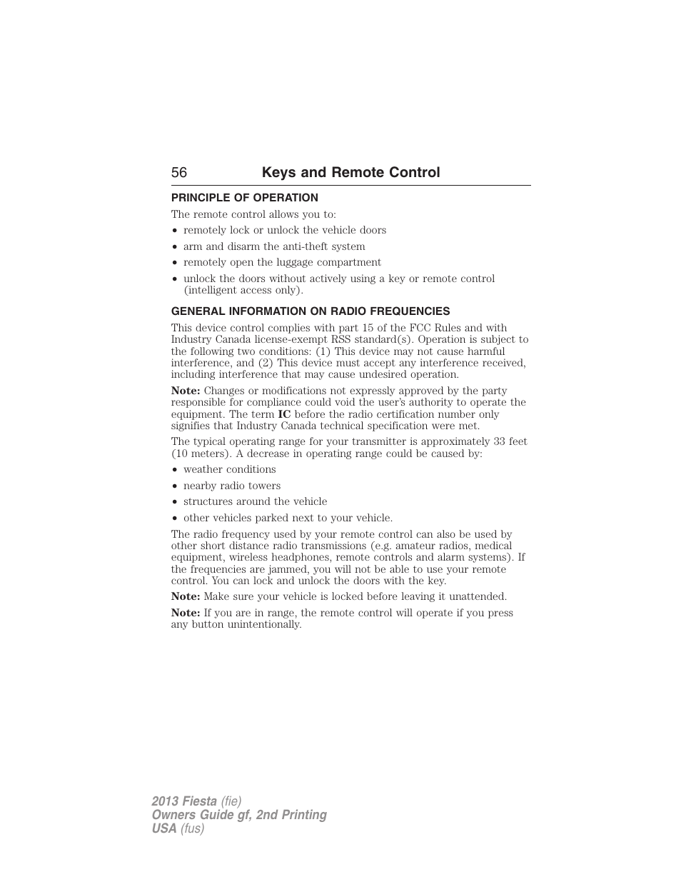 Keys and remote control, Principle of operation, General information on radio frequencies | 56 keys and remote control | FORD 2013 Fiesta v.2 User Manual | Page 57 / 346