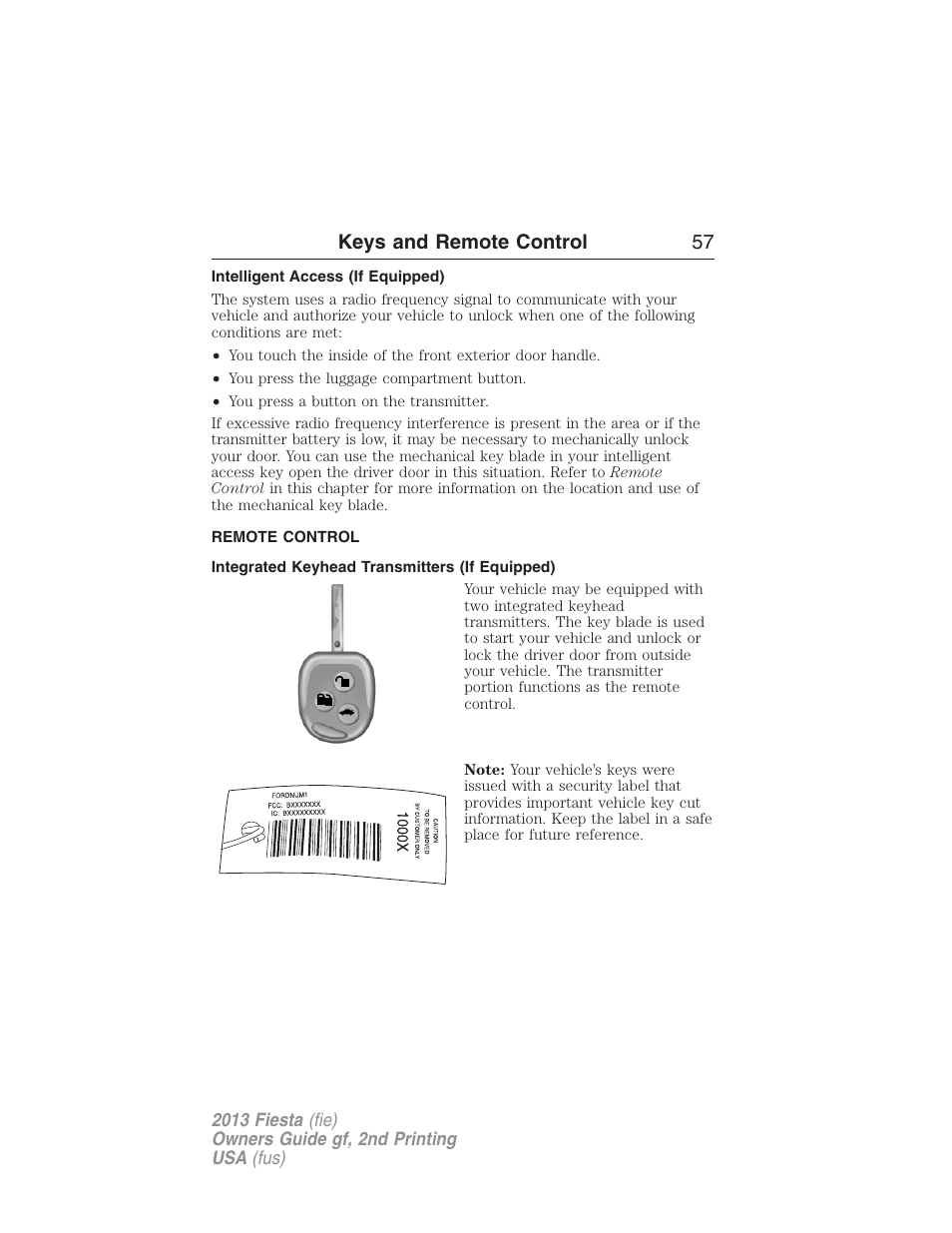 Intelligent access (if equipped), Remote control, Integrated keyhead transmitters (if equipped) | Keys, Keys and remote control 57 | FORD 2013 Fiesta v.2 User Manual | Page 58 / 346