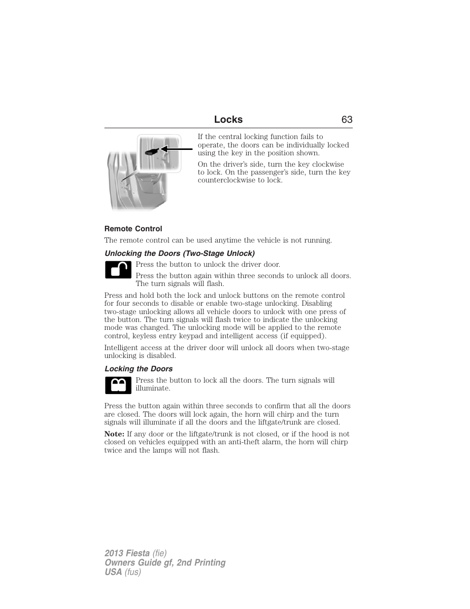 Remote control, Unlocking the doors (two-stage unlock), Locking the doors | Locks 63 | FORD 2013 Fiesta v.2 User Manual | Page 64 / 346