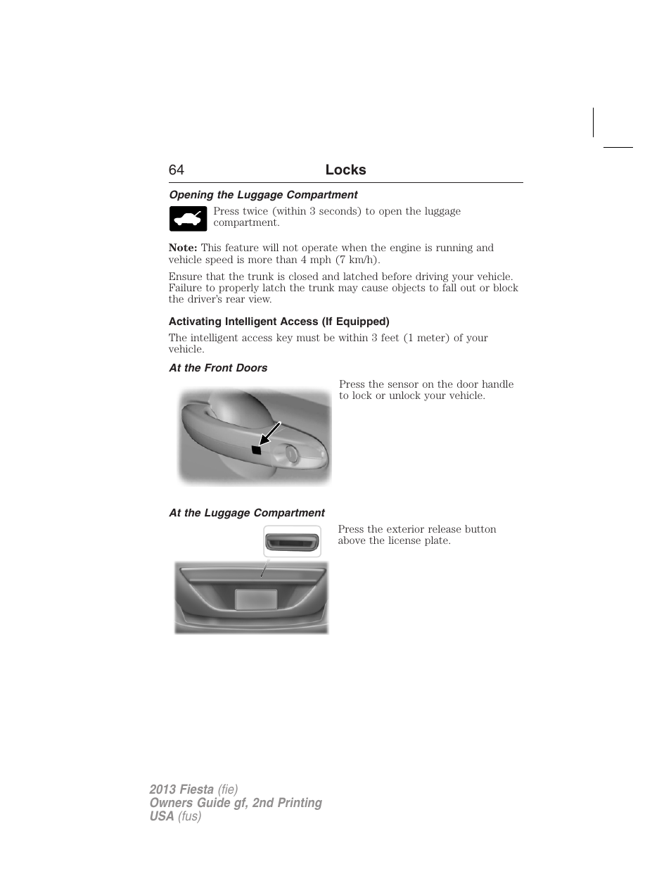 Opening the luggage compartment, Activating intelligent access (if equipped), At the front doors | At the luggage compartment, 64 locks | FORD 2013 Fiesta v.2 User Manual | Page 65 / 346