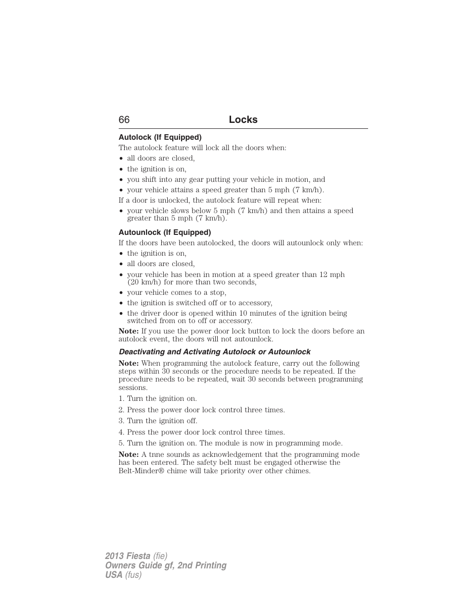 Autolock (if equipped), Autounlock (if equipped), Deactivating and activating autolock or autounlock | 66 locks | FORD 2013 Fiesta v.2 User Manual | Page 67 / 346