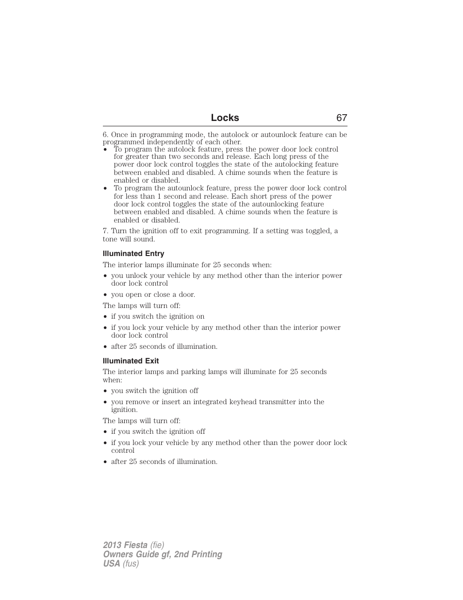 Illuminated entry, Illuminated exit, Locks 67 | FORD 2013 Fiesta v.2 User Manual | Page 68 / 346