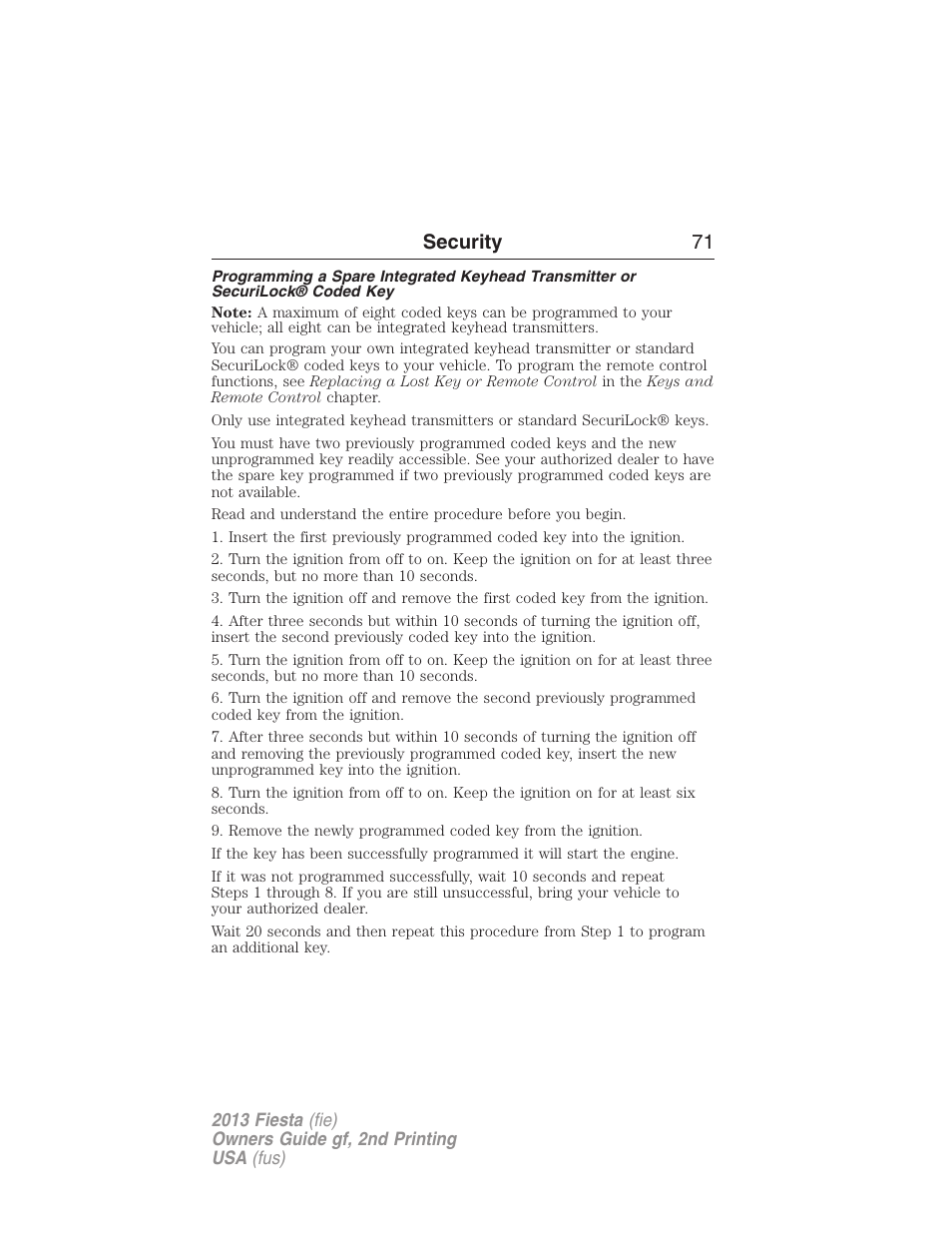 Security 71 | FORD 2013 Fiesta v.2 User Manual | Page 72 / 346