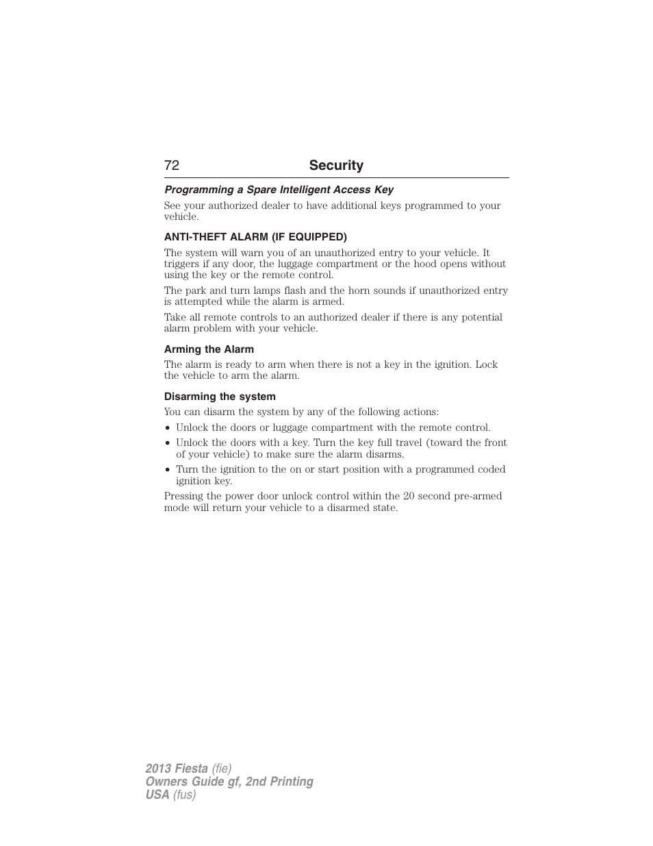 Programming a spare intelligent access key, Anti-theft alarm (if equipped), Arming the alarm | Disarming the system, 72 security | FORD 2013 Fiesta v.2 User Manual | Page 73 / 346