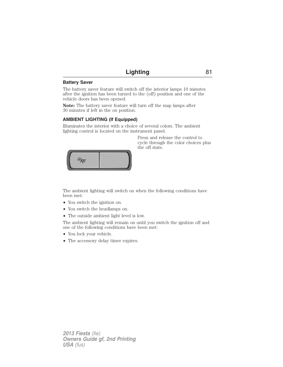 Battery saver, Ambient lighting (if equipped), Ambient lighting | Lighting 81 | FORD 2013 Fiesta v.2 User Manual | Page 82 / 346