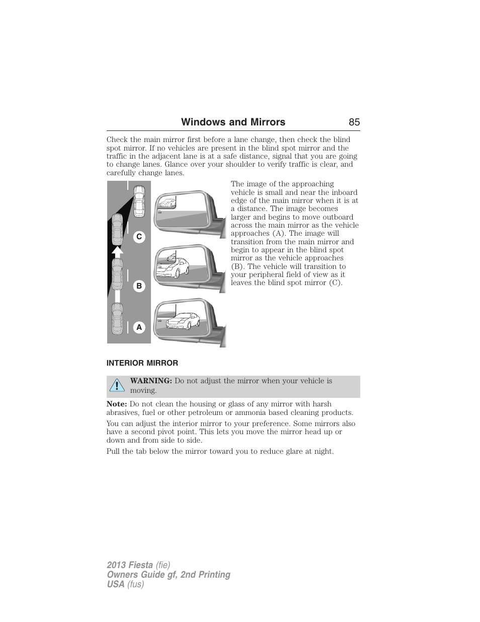 Interior mirror, Interior mirrors, Windows and mirrors 85 | FORD 2013 Fiesta v.2 User Manual | Page 86 / 346