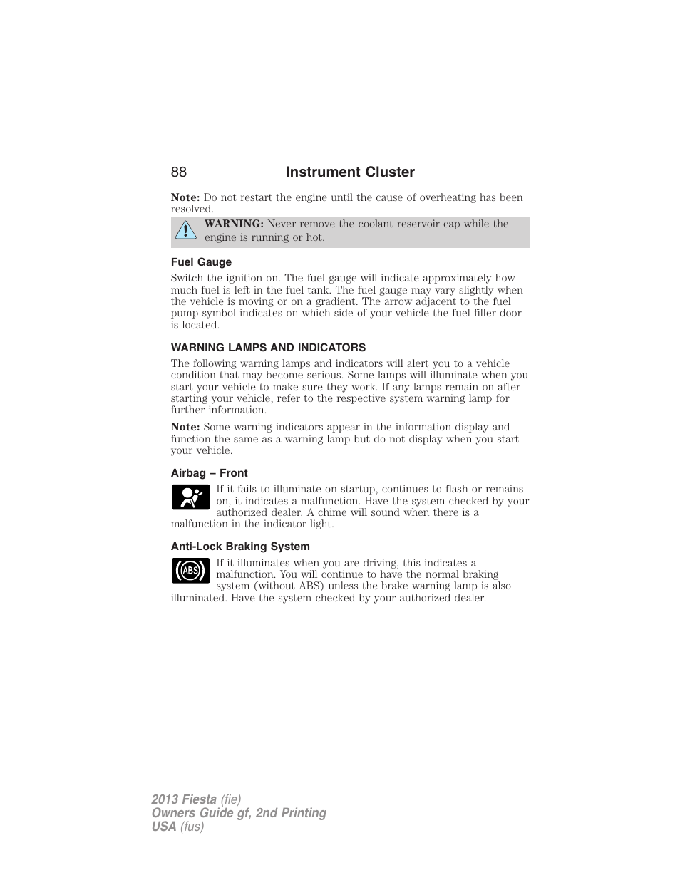 Fuel gauge, Warning lamps and indicators, Airbag – front | Anti-lock braking system, 88 instrument cluster | FORD 2013 Fiesta v.2 User Manual | Page 89 / 346