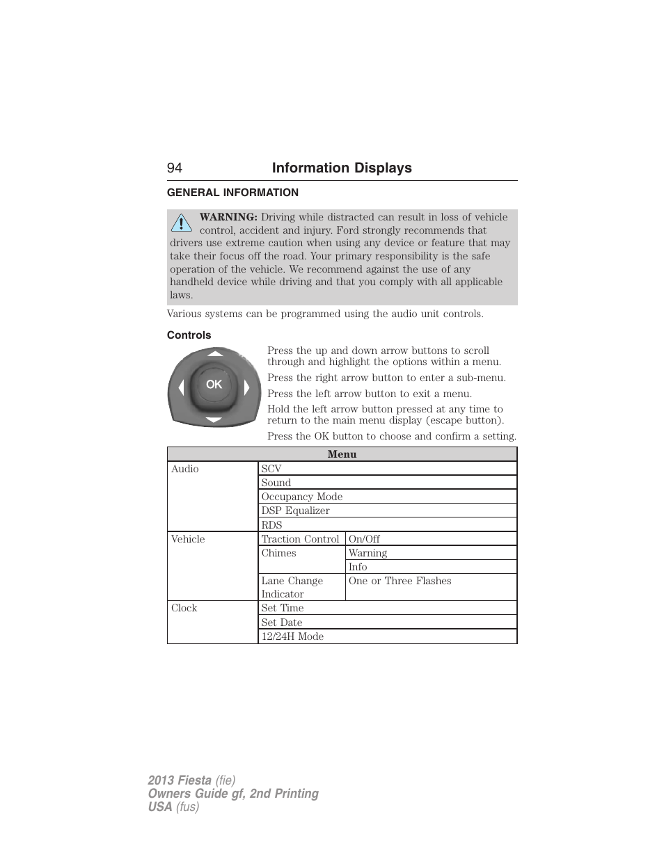 Information displays, General information, Controls | Multifunction display, 94 information displays | FORD 2013 Fiesta v.2 User Manual | Page 95 / 346