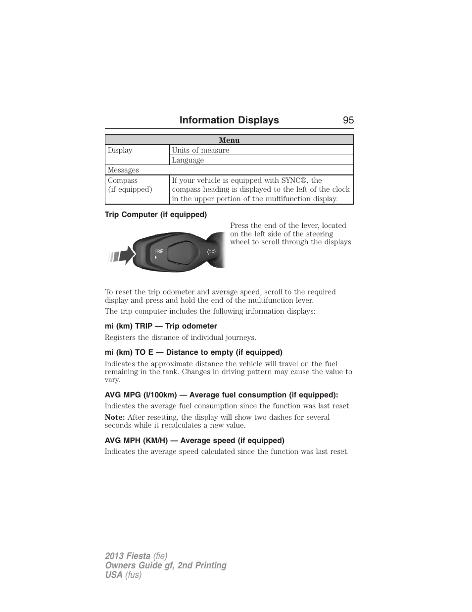 Trip computer (if equipped), Mi (km) trip — trip odometer, Mi (km) to e — distance to empty (if equipped) | Avg mph (km/h) — average speed (if equipped), Trip computer, Information displays 95 | FORD 2013 Fiesta v.2 User Manual | Page 96 / 346