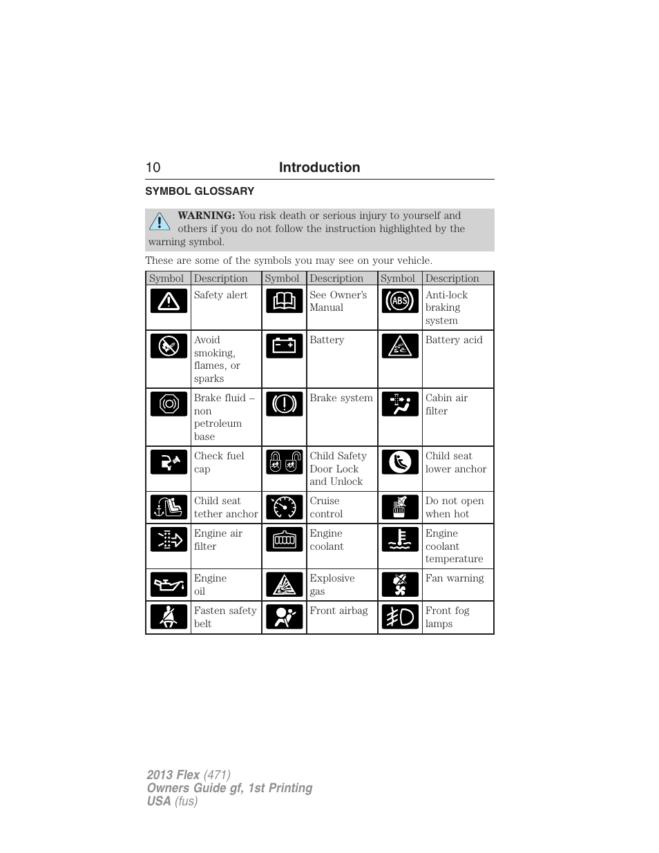 Symbol glossary, 10 introduction | FORD 2013 Flex v.1 User Manual | Page 10 / 558