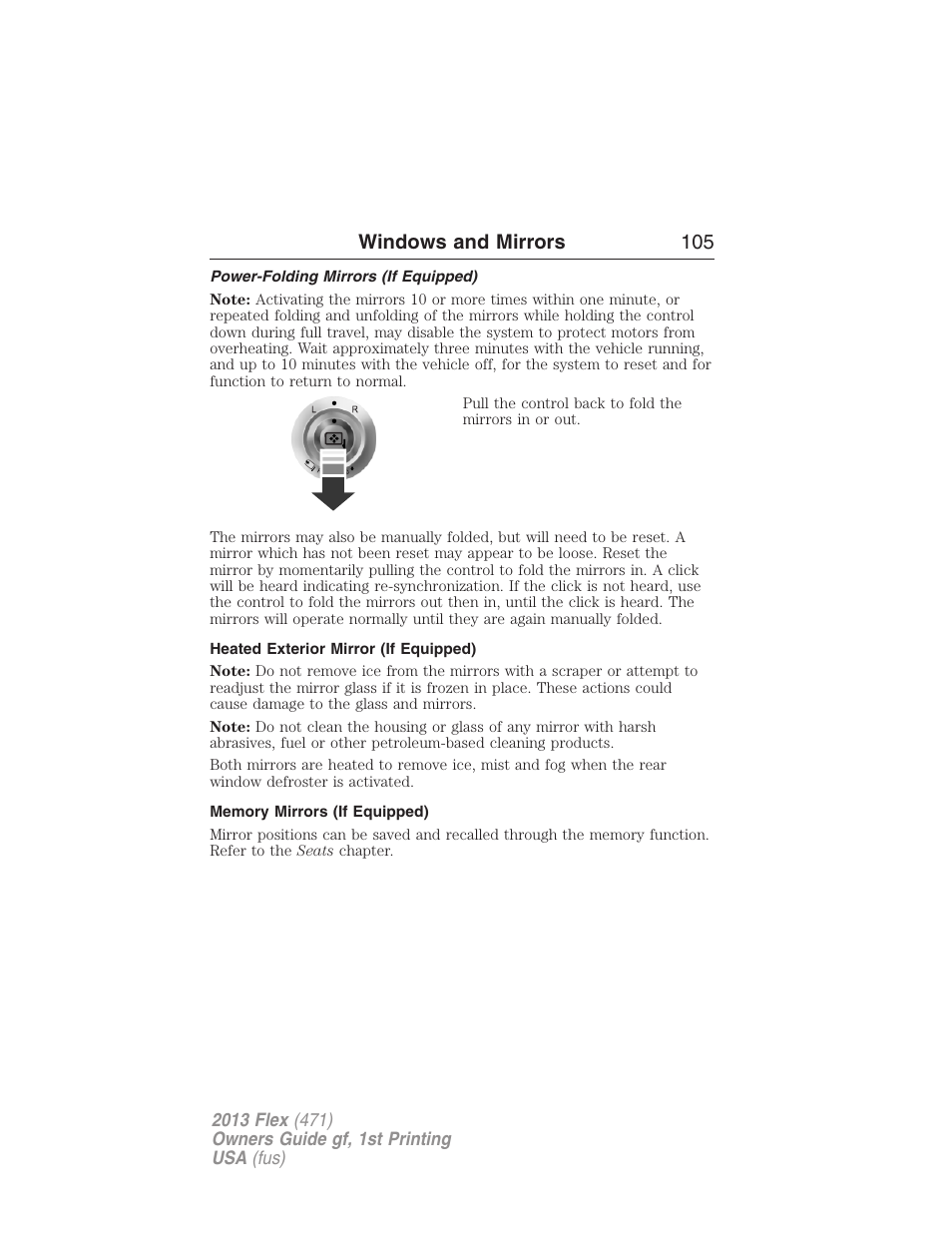 Power-folding mirrors (if equipped), Heated exterior mirror (if equipped), Memory mirrors (if equipped) | Windows and mirrors 105 | FORD 2013 Flex v.1 User Manual | Page 105 / 558