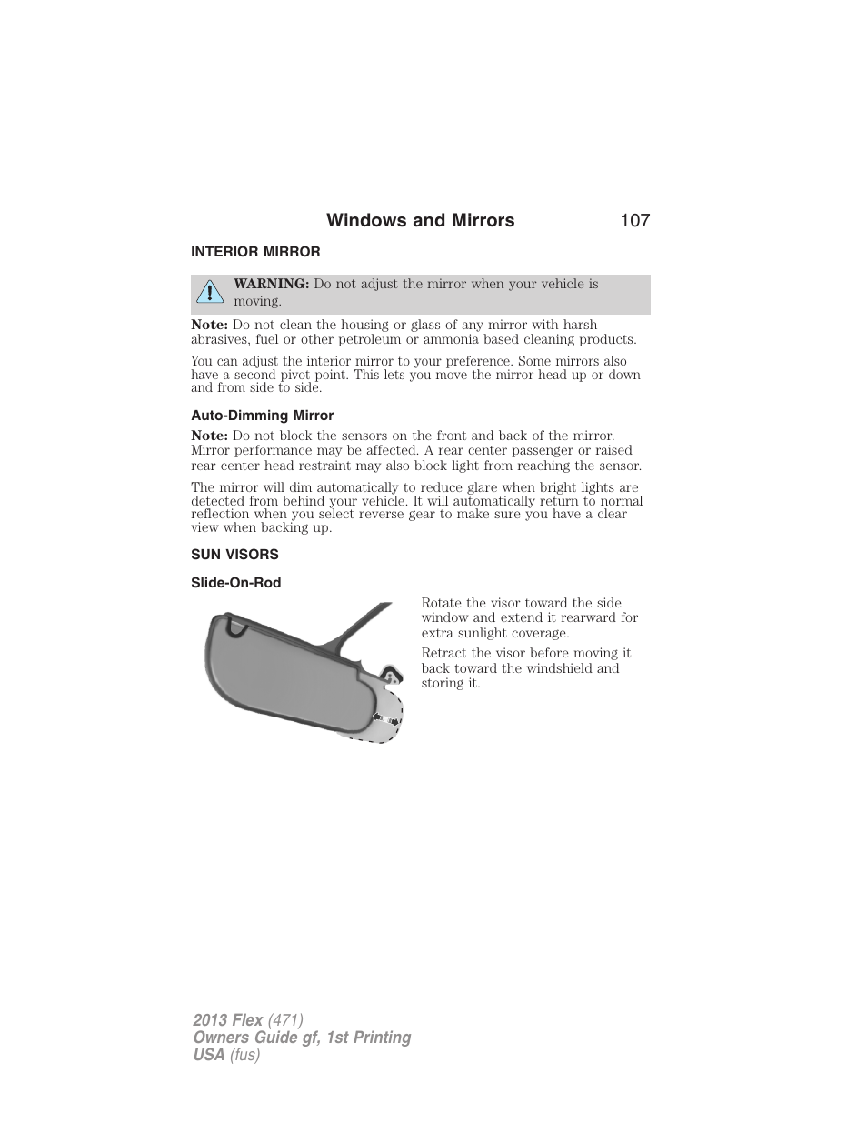 Interior mirror, Auto-dimming mirror, Sun visors | Slide-on-rod, Interior mirrors, Windows and mirrors 107 | FORD 2013 Flex v.1 User Manual | Page 107 / 558