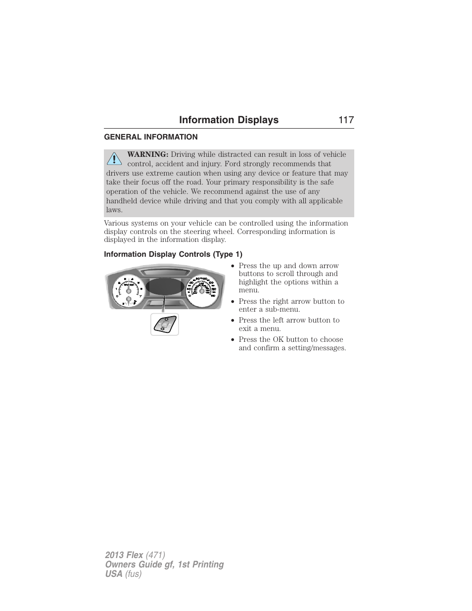 Information displays, General information, Information display controls (type 1) | Controls, Information displays 117 | FORD 2013 Flex v.1 User Manual | Page 117 / 558