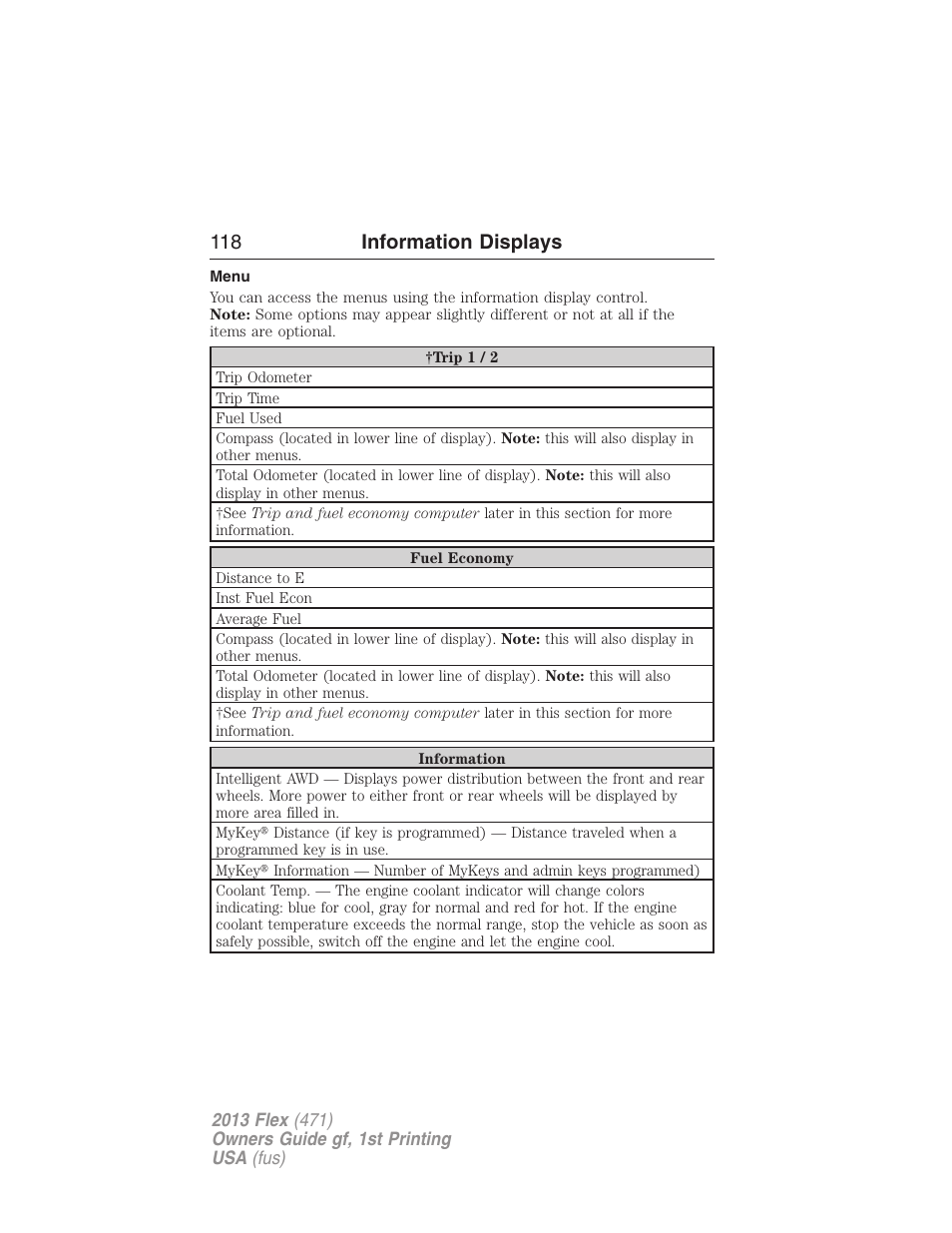 Menu, 118 information displays | FORD 2013 Flex v.1 User Manual | Page 118 / 558