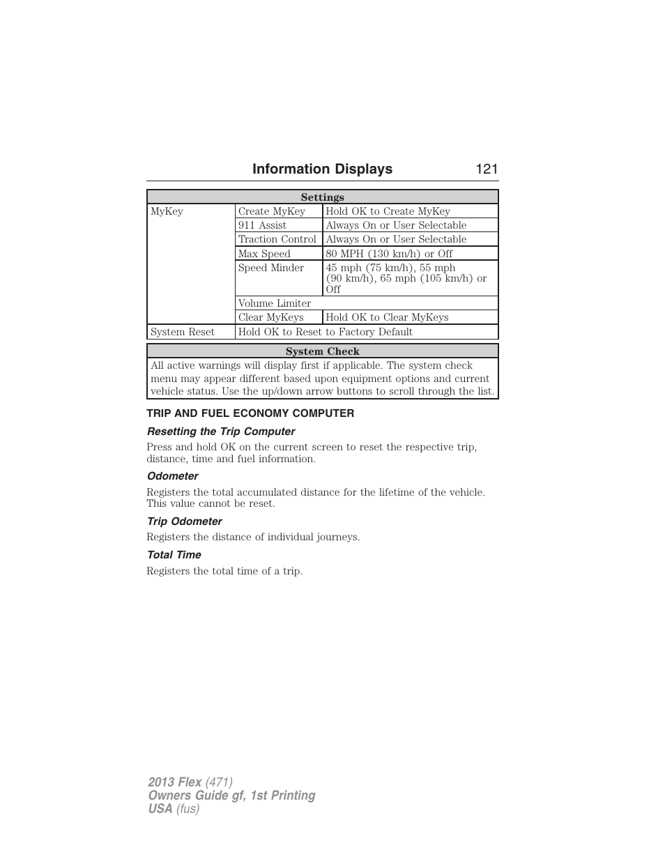 Trip and fuel economy computer, Resetting the trip computer, Odometer | Trip odometer, Total time, Trip computer, Information displays 121 | FORD 2013 Flex v.1 User Manual | Page 121 / 558