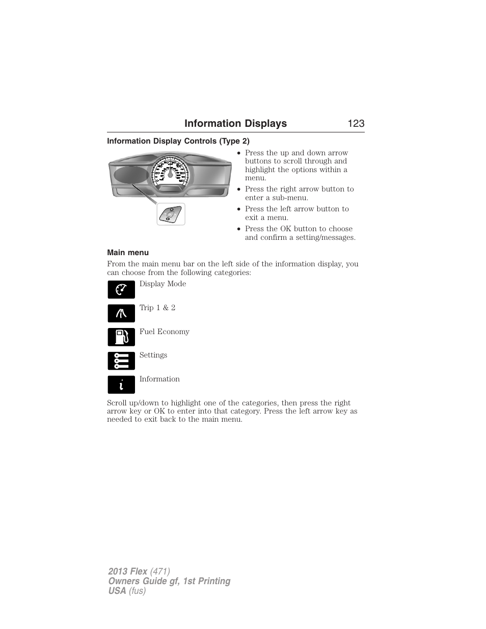 Information display controls (type 2), Main menu, Information displays 123 | FORD 2013 Flex v.1 User Manual | Page 123 / 558